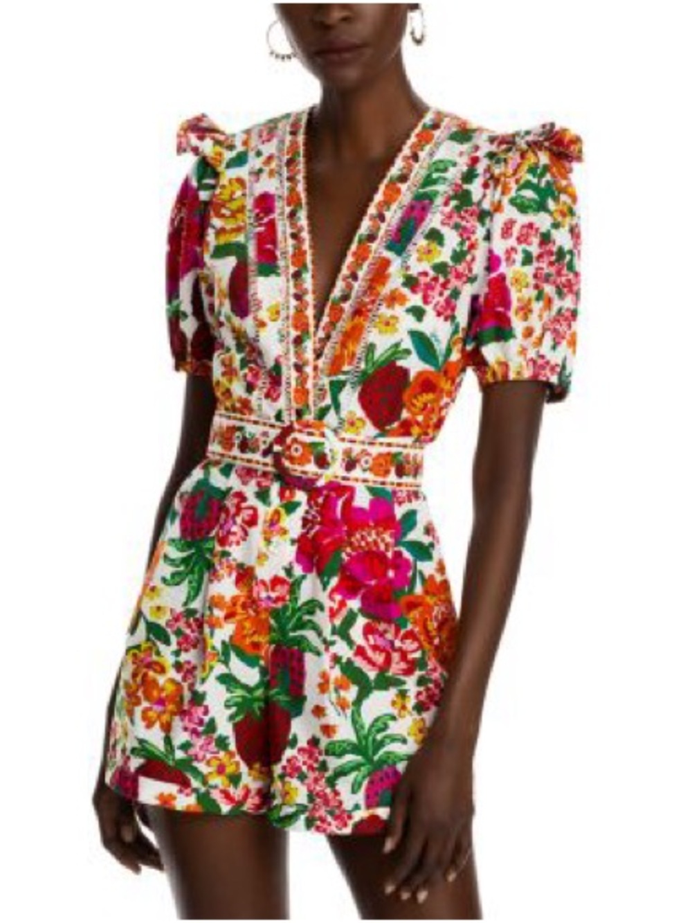 FARM Rio Flowerful Sketch Floral V-Neck Romper with Strawberry White Women Med - Picture 1 of 15